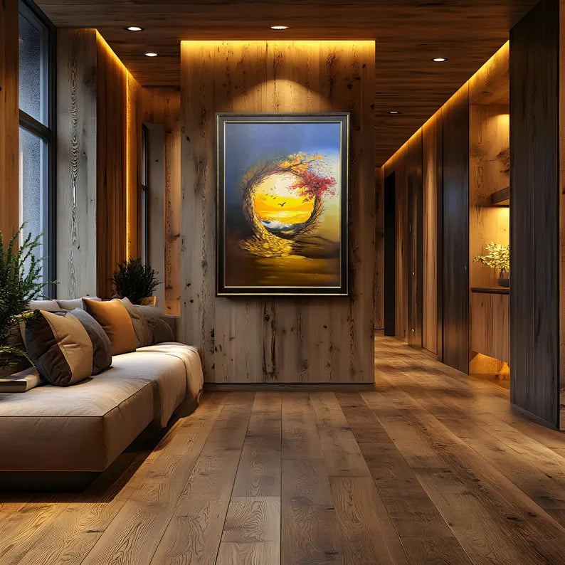 Handmade Oil Painting Wall Art – Sunset Tree Circle | Framed Canvas (32 × 44 Inches)