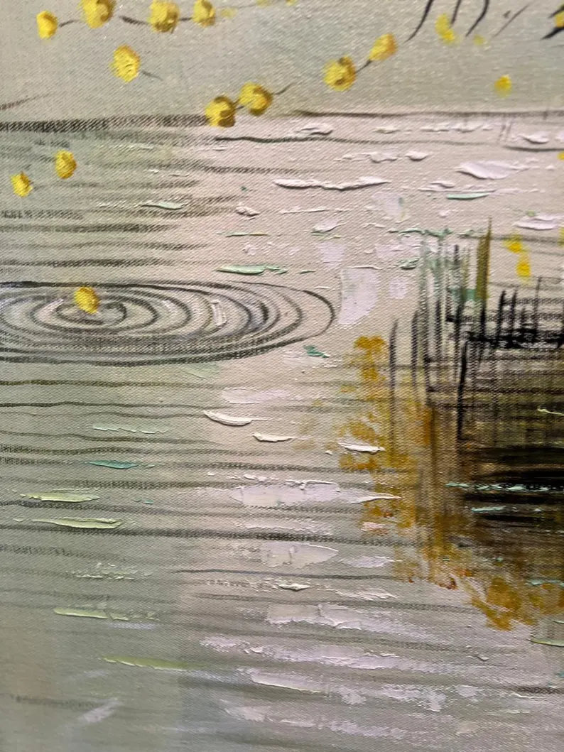 Handmade Oil Painting Wall Art – Golden Tree Reflection | Framed Canvas (32 × 44 Inches)