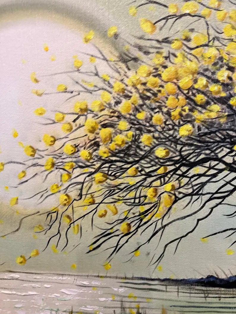 Handmade Oil Painting Wall Art – Golden Tree Reflection | Framed Canvas (32 × 44 Inches)