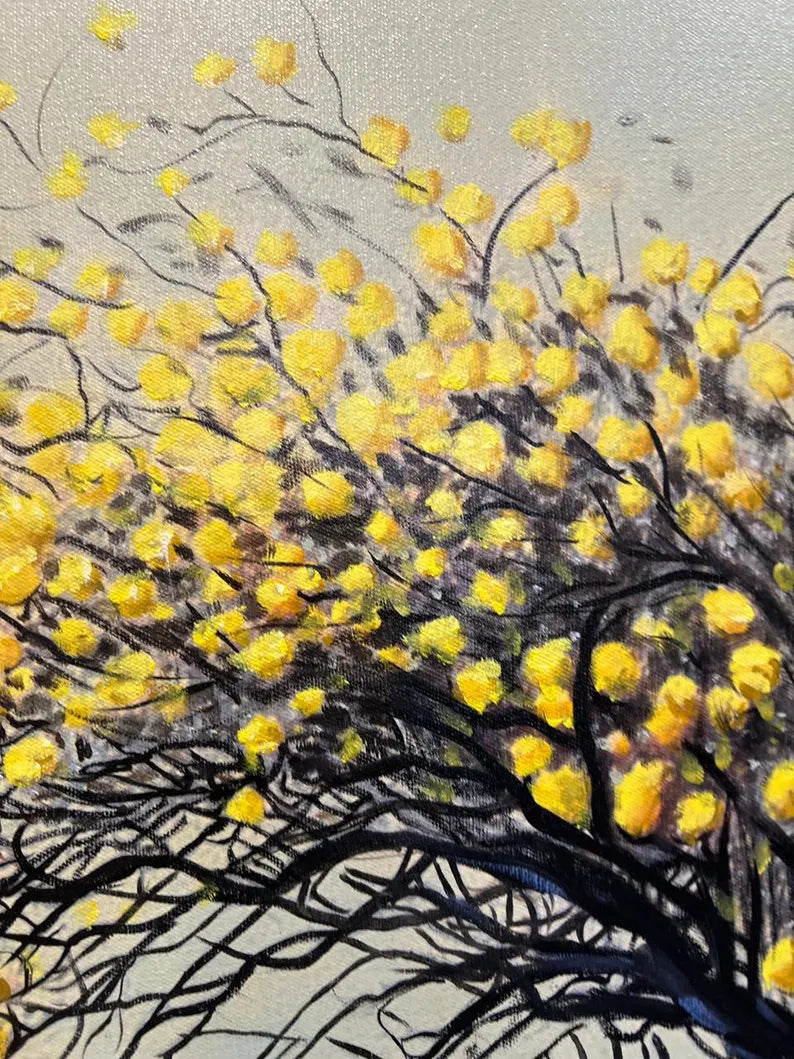 Handmade Oil Painting Wall Art – Golden Tree Reflection | Framed Canvas (32 × 44 Inches)