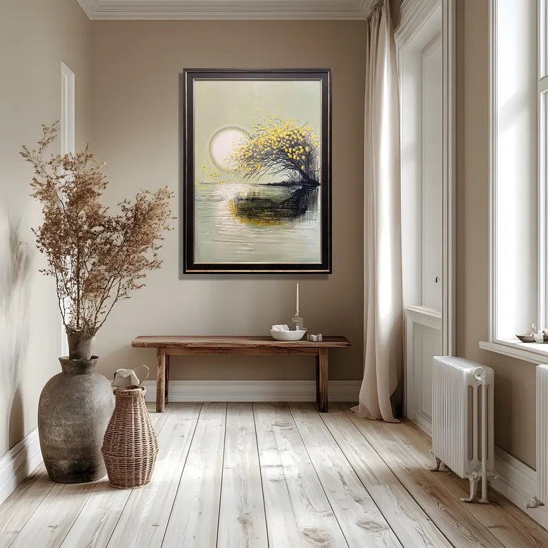 Handmade Oil Painting Wall Art – Golden Tree Reflection | Framed Canvas (32 × 44 Inches)