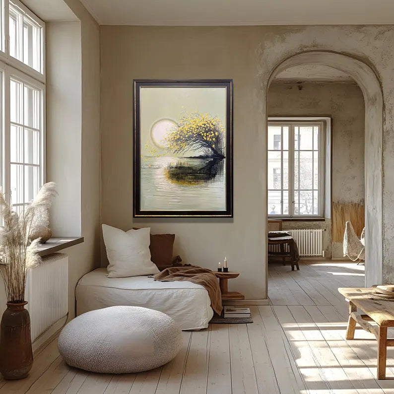 Handmade Oil Painting Wall Art – Golden Tree Reflection | Framed Canvas (32 × 44 Inches)