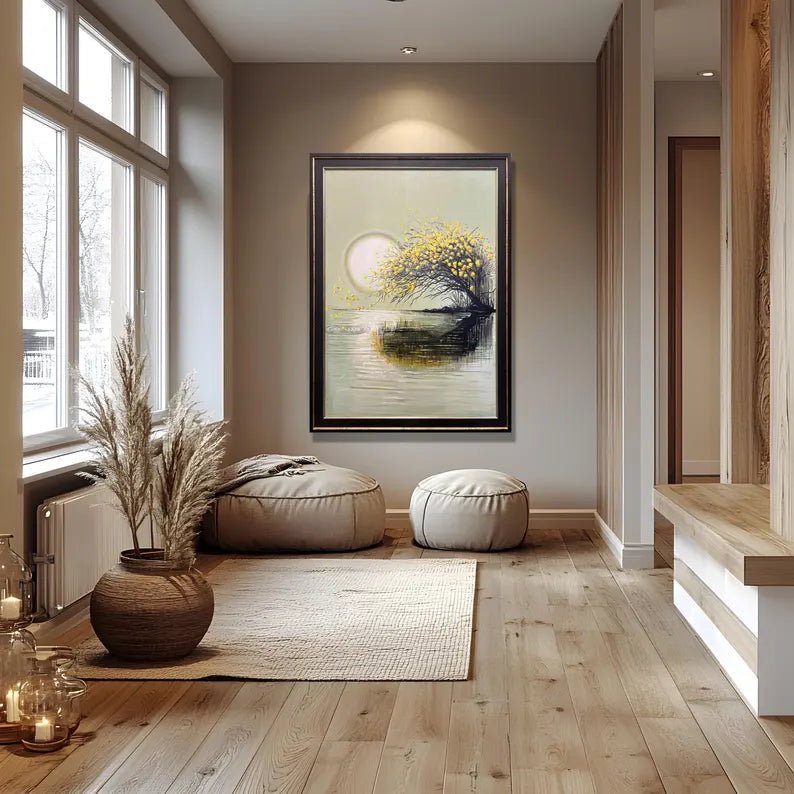 Handmade Oil Painting Wall Art – Golden Tree Reflection | Framed Canvas (32 × 44 Inches)