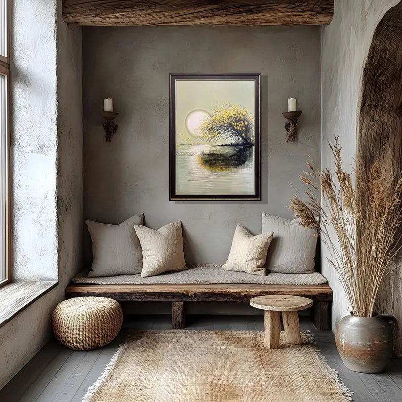 Handmade Oil Painting Wall Art – Golden Tree Reflection | Framed Canvas (32 × 44 Inches)