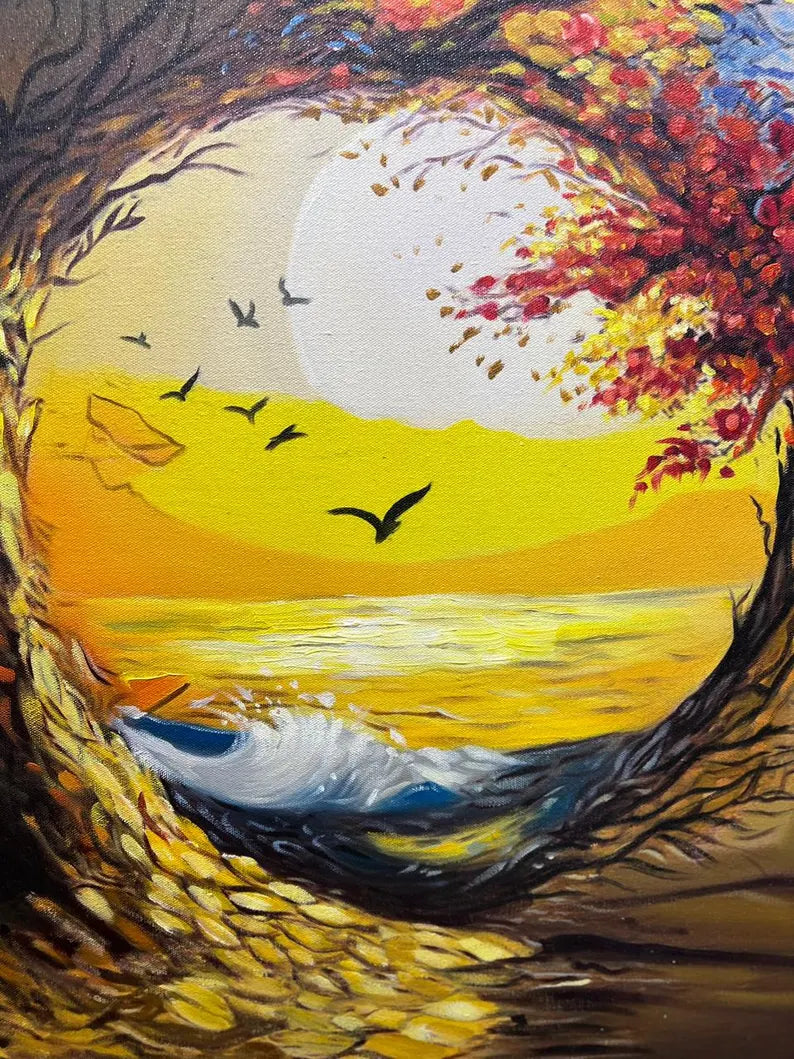 Handmade Oil Painting Wall Art – Sunset Tree Circle | Framed Canvas (32 × 44 Inches)