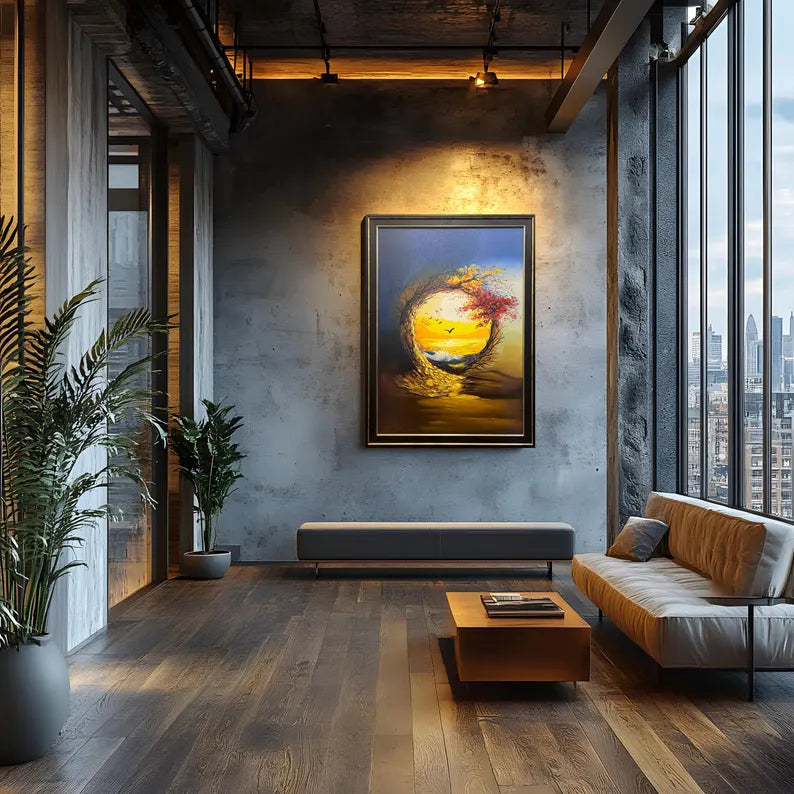 Handmade Oil Painting Wall Art – Sunset Tree Circle | Framed Canvas (32 × 44 Inches)