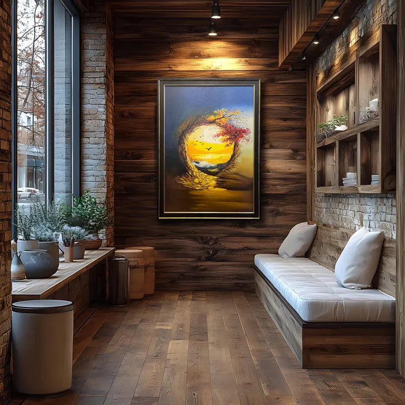 Handmade Oil Painting Wall Art – Sunset Tree Circle | Framed Canvas (32 × 44 Inches)