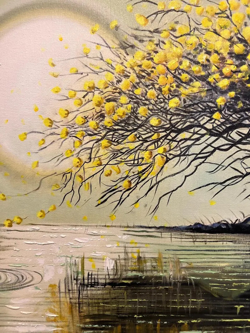 Handmade Oil Painting Wall Art – Golden Tree Reflection | Framed Canvas (32 × 44 Inches)