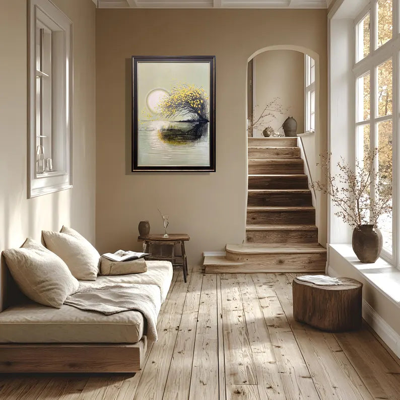 Handmade Oil Painting Wall Art – Golden Tree Reflection | Framed Canvas (32 × 44 Inches)