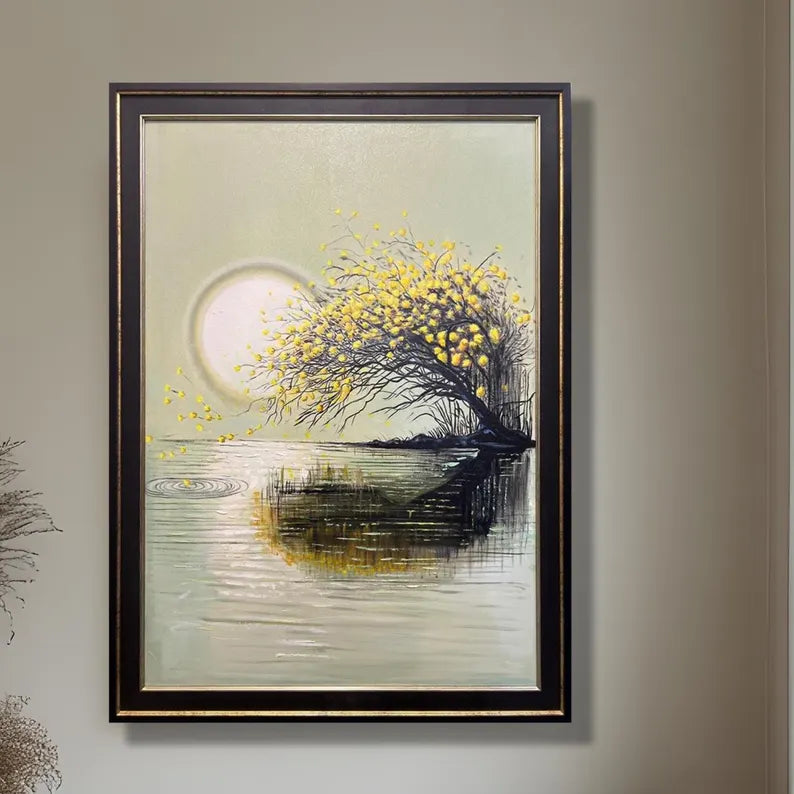 Handmade Oil Painting Wall Art – Golden Tree Reflection | Framed Canvas (32 × 44 Inches)