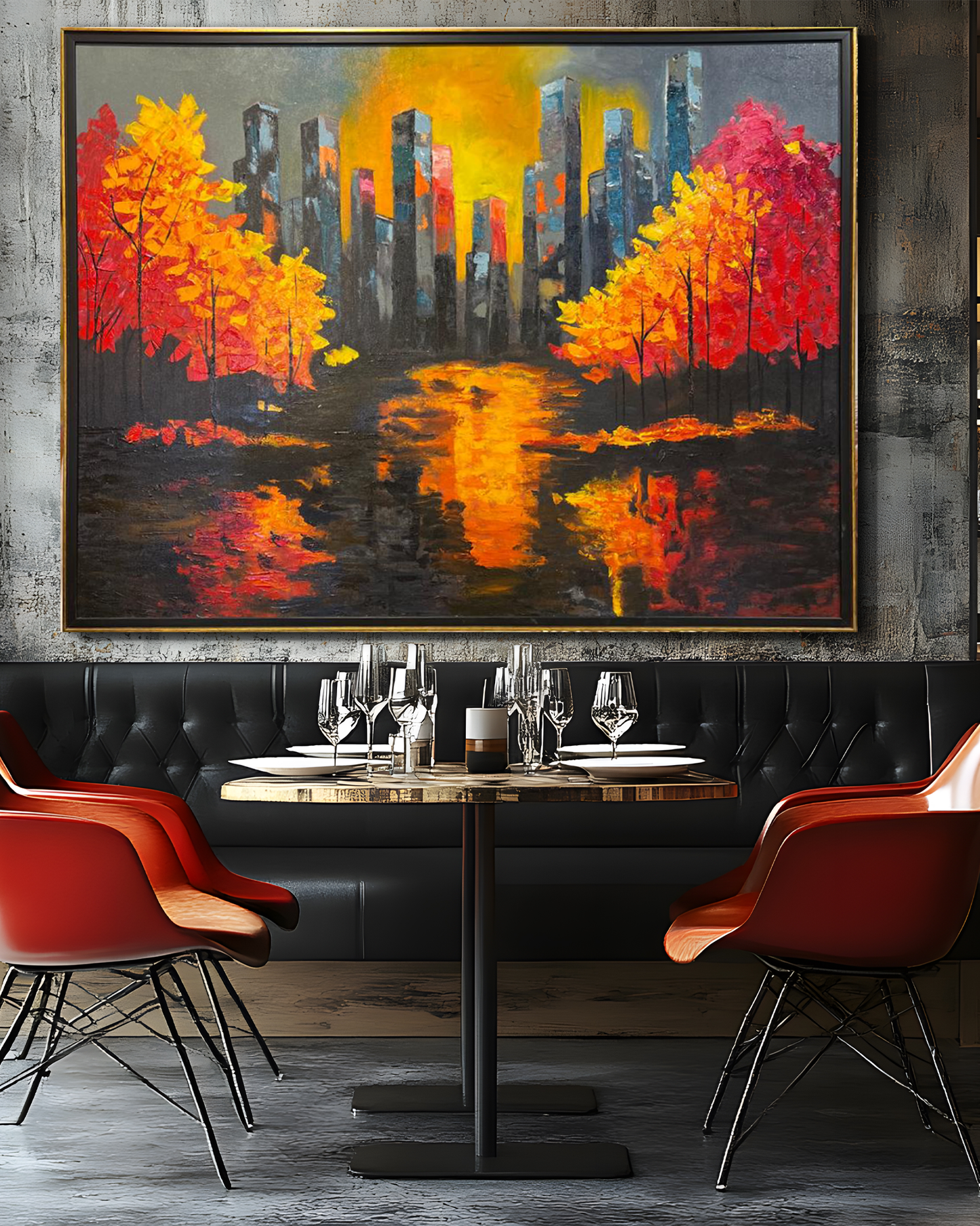 Autumn Reflections Cityscape – Handmade Oil Painting 36×48 in