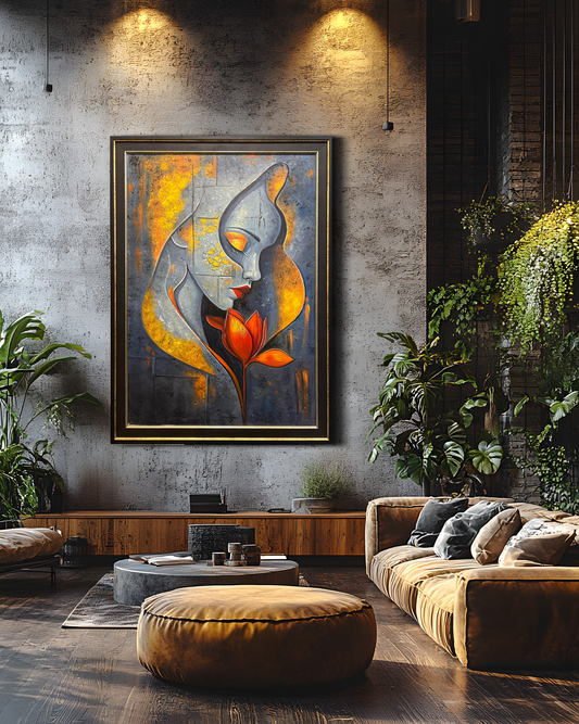 Abstract Woman With Flower – Handmade Oil Painting 30×42 in