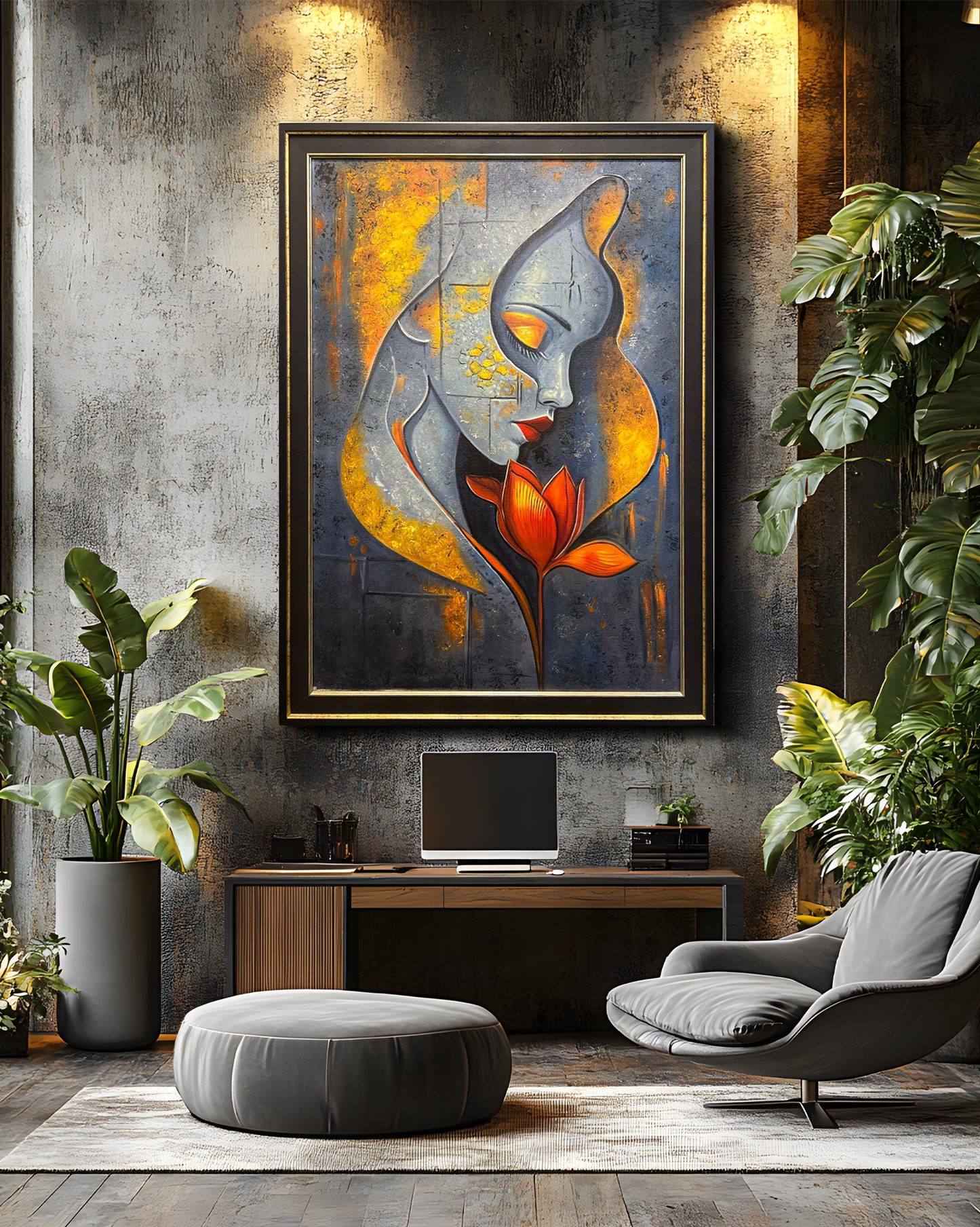 Abstract Woman With Flower – Handmade Oil Painting 30×42 in