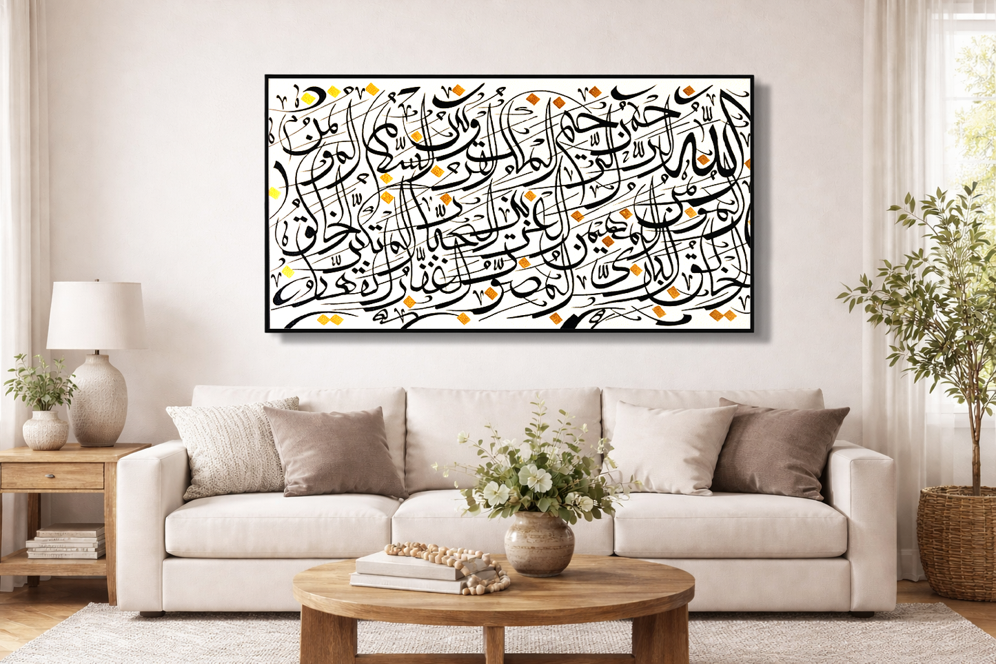 Abstract Arabic Calligraphy Wall Art – Handmade Islamic Calligraphy Painting 24 × 48 Inches with Floating Frame