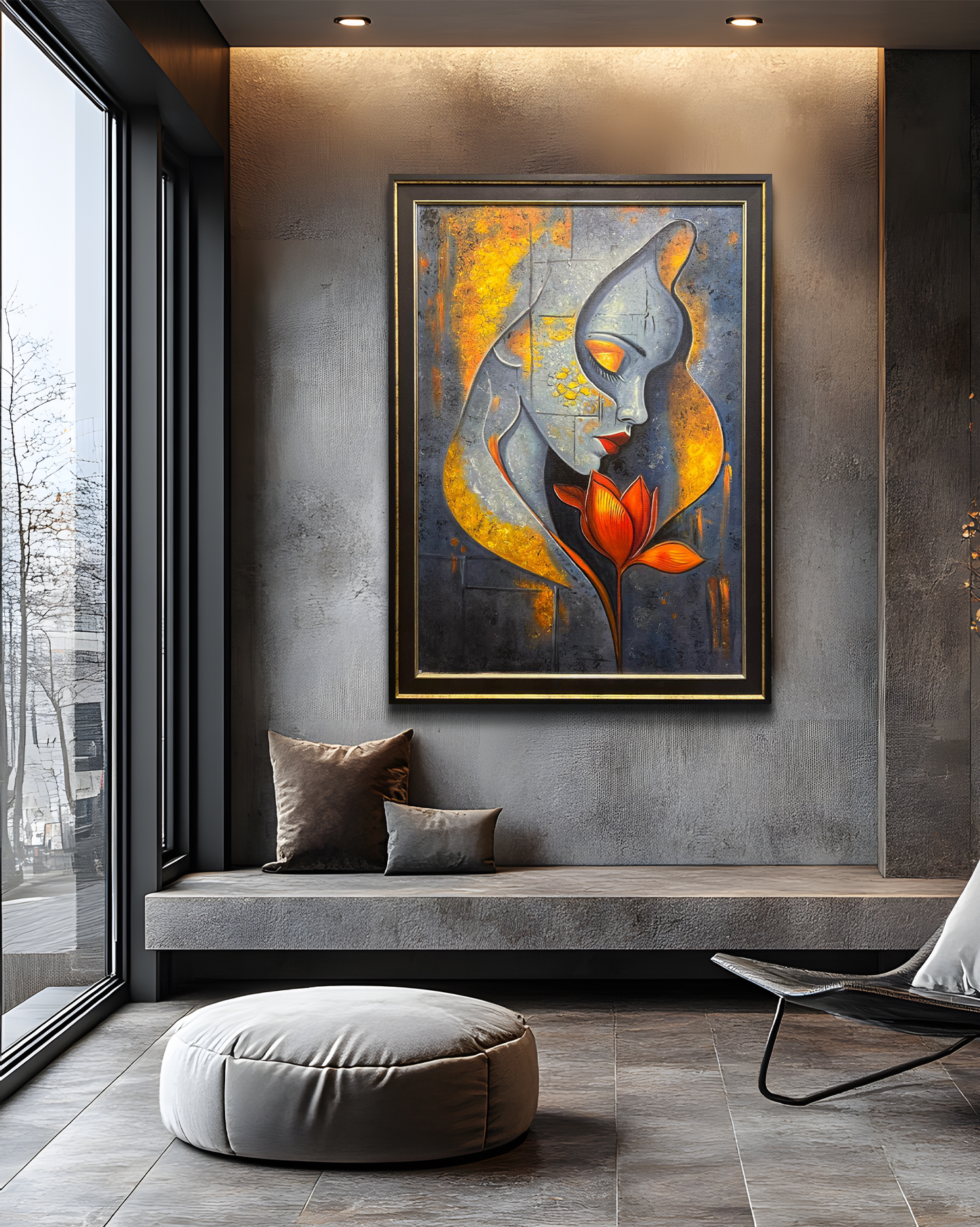 Abstract Woman With Flower – Handmade Oil Painting 30×42 in