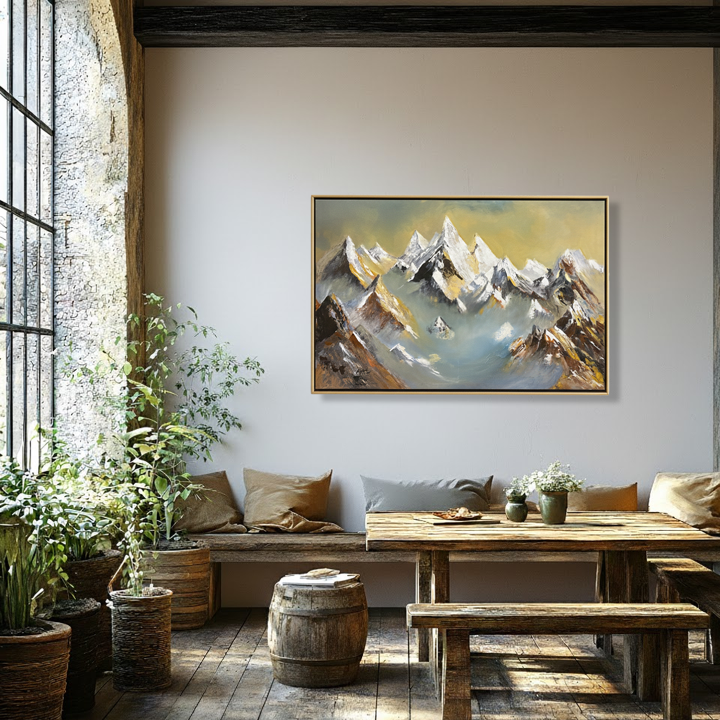 Golden Peaks – Hand-Painted Mountain Landscape Oil Painting (36 × 48 Inches, Framed)