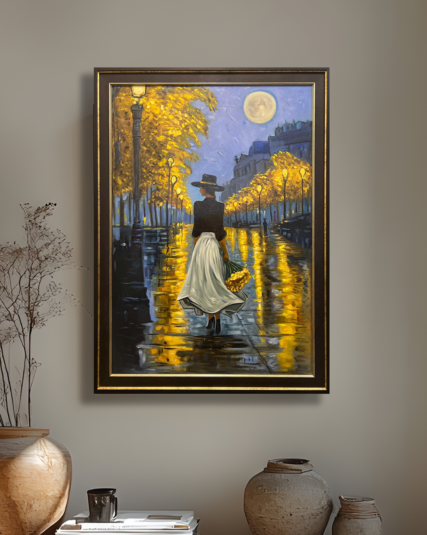 Moonlit Walk in Autumn – Handmade Oil Painting 30×42 in