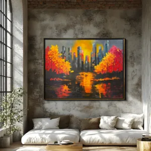 Autumn Reflections Cityscape – Handmade Oil Painting 36×48 in