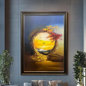 Handmade Oil Painting Wall Art – Sunset Tree Circle | Framed Canvas (32 × 44 Inches)