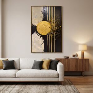 Large Abstract Gold Sun Canvas Wall Art with Frame Size 36x60 Inches