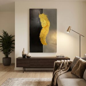 Large Abstract Golden Feather Framed Canvas Wall Art Size 36 x 60 Inches