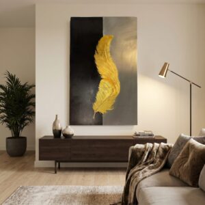 Large Abstract Golden Feather Framed Canvas Wall Art Size 36 x 60 Inches